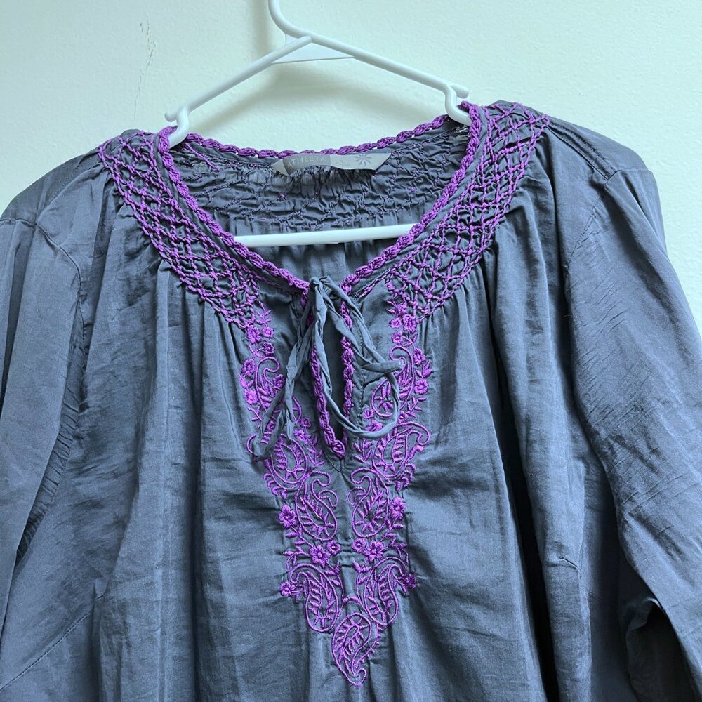 Athleta tunic top mini dress embroidered  gray purple cotton XL stretch crochet